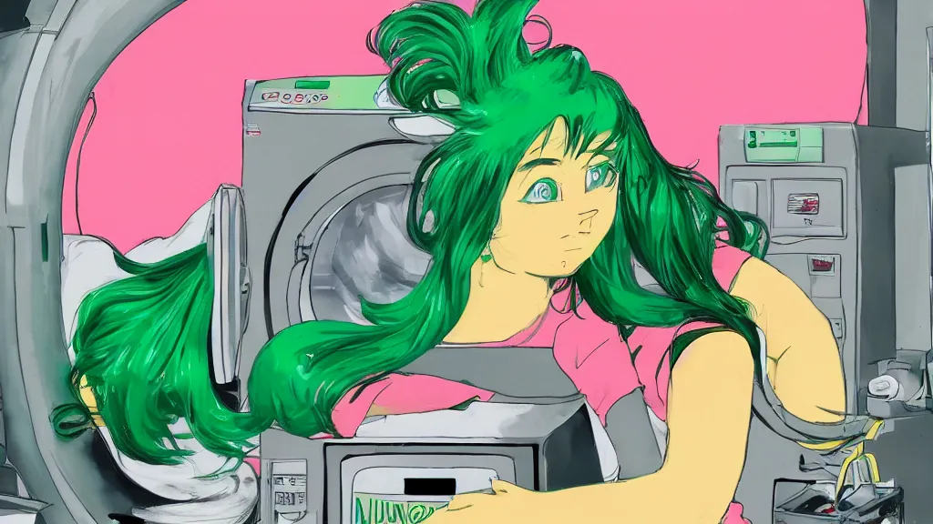 Image similar to a girl with green hair sitting on top of a washing machine in a laundromat in the style of Tsuguharu Fujita, pink yellow red and green