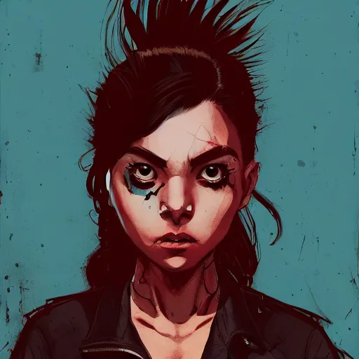 Image similar to Highly detailed portrait of a punk zombie young lady by Atey Ghailan, by Loish, by Bryan Lee O'Malley, by Cliff Chiang, ((dark blue moody background))