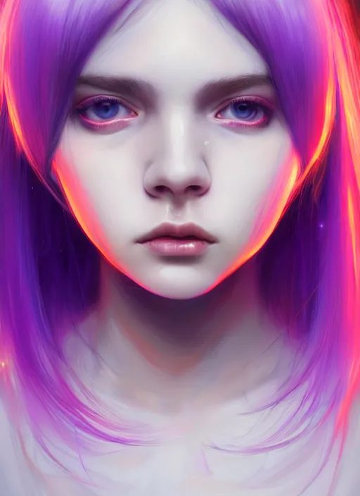 Image similar to hair whitebangs hair, black hair, whitebangs, portrait of teenage girl with white bangs, red irises, purple clothes, white bangs, bangs are different color from hair, intricate, elegant, glowing lights, highly detailed, digital painting, artstation, concept art, smooth, sharp focus, illustration, art by wlop, mars ravelo and greg rutkowski