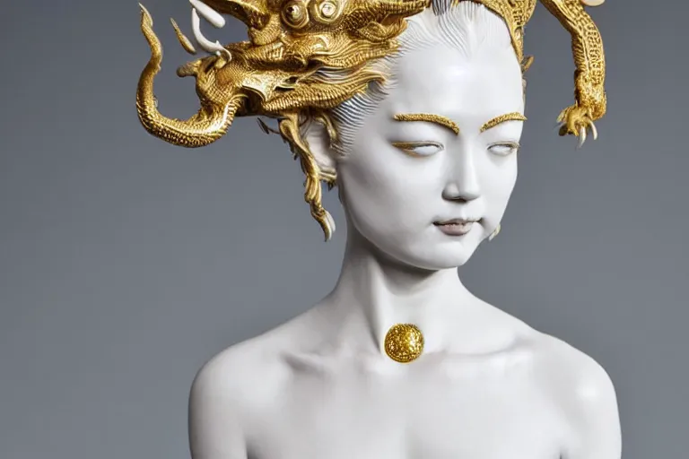 Image similar to full head and shoulders, beautiful female white, porcelain sculpture, with lots of ornate gold leaf 3 d chinese dragons attached to head by daniel arsham and james jean, on a white background, delicate facial features, white eyes, white lashes,