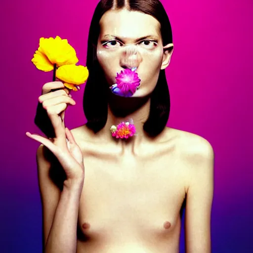 Image similar to a studio close - up portrait of a a fashion model smelling a plastic toy flower. surreal photograph, lo - fi, polished look, silly and serious, hermes ad, fashion photography, toiletpaper magazine by pierpaolo ferrari and maurizio cattelan, 3 5 mm photograph, colourful, by pierpaolo ferrari, maurizio cattelan, david lachapelle