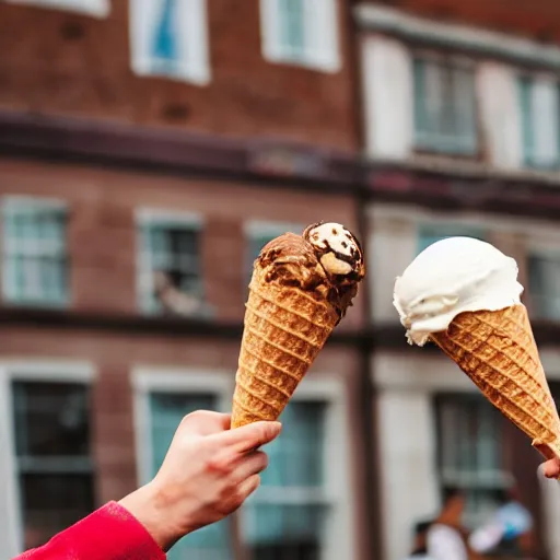 Image similar to photograph of two ice cream cones fighting to the death