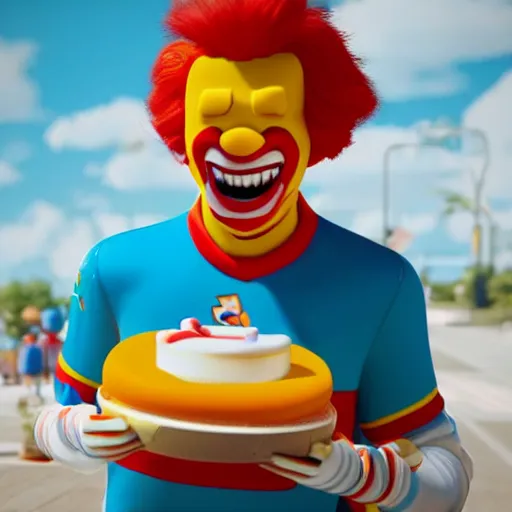 Image similar to Ronald Mcdonald with a birthday cake wearing a miami dolphins jersey, concept art, cgsociety, octane render, trending on artstation, unreal engine 8k,