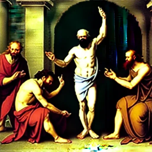 Image similar to socrates wearing a virtual reality headset, renaissance painting