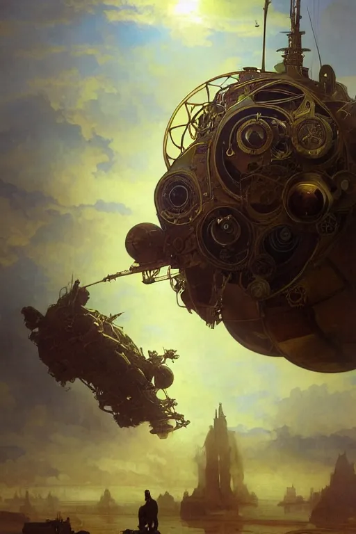 Prompt: a steampunk airship emerges over the horizon of an alien planet, artwork by alphonse mucha, darek zabrocki, dramatic lighting, brushstrokes, paper texture.
