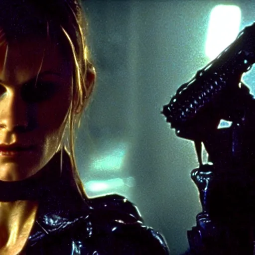 Prompt: anna paquin with long hair in blade runner by ridley scott, sexy black shorts, wearing black boots, wearing a sexy cropped top, 4 k quality, highly detailed, realistic, intense, cyberpunk