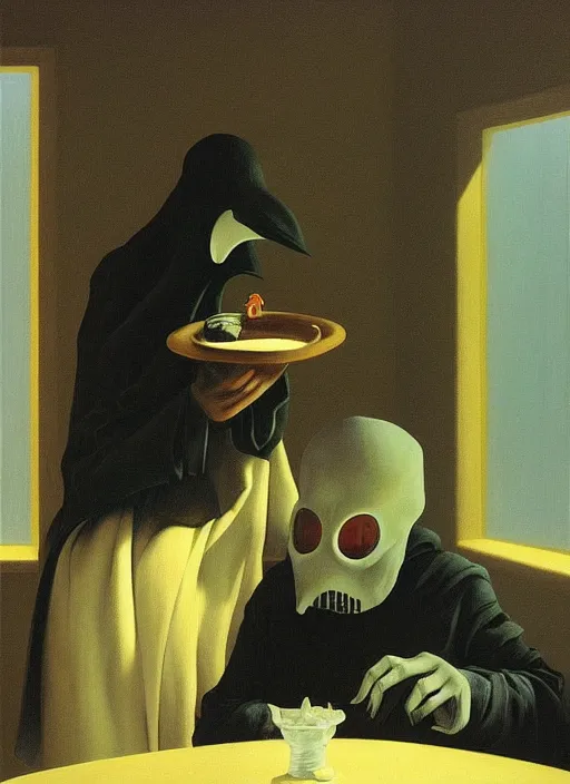 Image similar to plague doctor eating ice cream Edward Hopper and James Gilleard, Zdzislaw Beksinski highly detailed