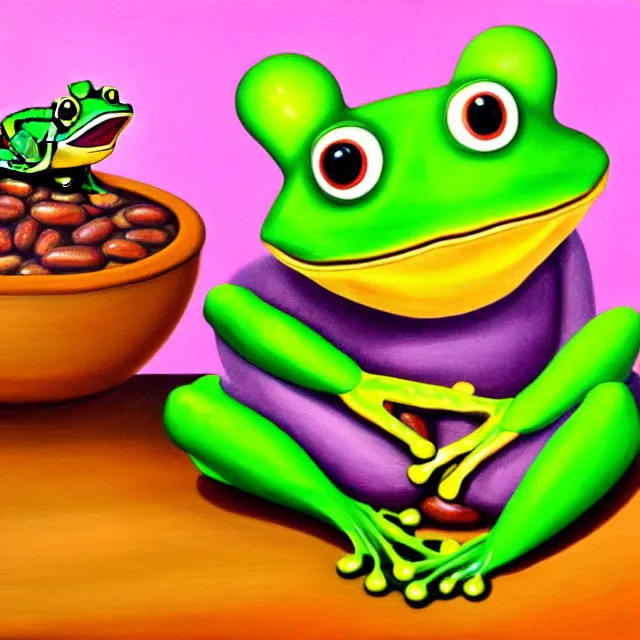 Prompt: painting of a smiling green frog with rosy cheeks stirring a steaming bowl of brown beans. the frog is in the sitting position and has a small yellow oval belly. green yellow pink splotchy background.