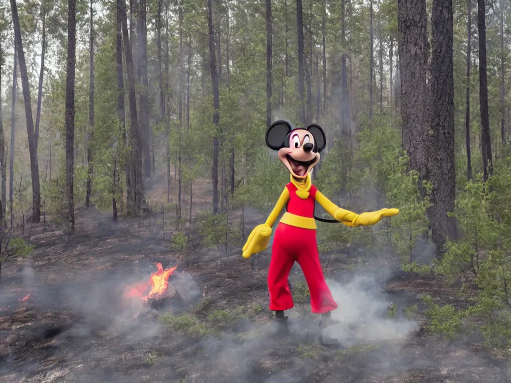 Image similar to disney's goofy trying to put out a wildfire somewhere in southern finland, smoky, ashes