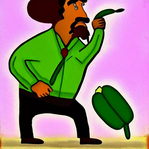 Prompt: a gypsy man drunk messing with a cucumber by finster, howard