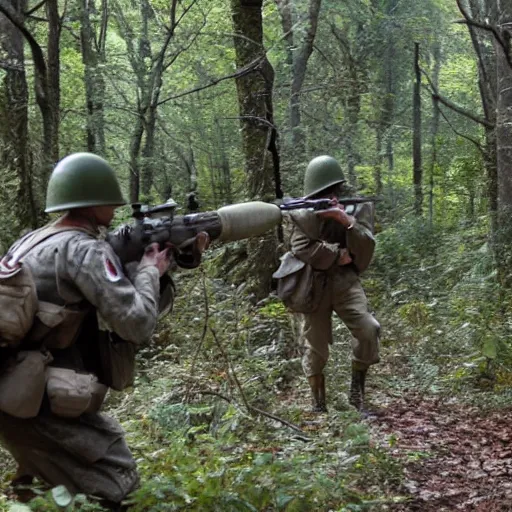 Image similar to ww 2 battlefield encounter in the woods between 2 american soldiers and a german soldier