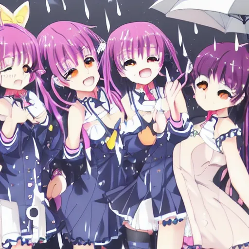 Prompt: key anime visual of a catgirls having fun together, ; rain falling; group shot; trending on Pixiv