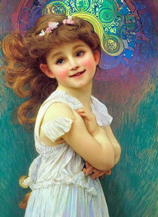 Prompt: a cute little girl with a round cherubic face, blue eyes, and short wavy light brown hair smiles as rainbow colors swirl all around her, chromatic light, rainbow shift. she is wearing a turquoise dress. beautiful painting with highly detailed face by alphonse mucha and artgerm and greg rutkowski