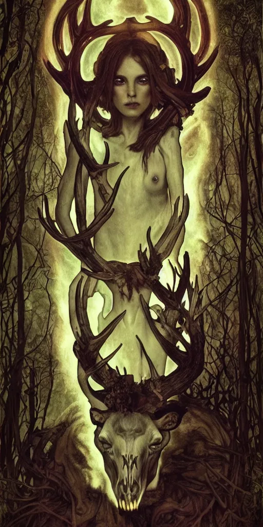 Image similar to intense glowing black metal pagan god with antlers and fangs and intense glowing eyes with a goat skull in very dark forest by marco mazzoni and alphonse mucha, portrait, fantasy, clear, light beams, lens flare, intense, uhd, amazing depth, cinematic lighting