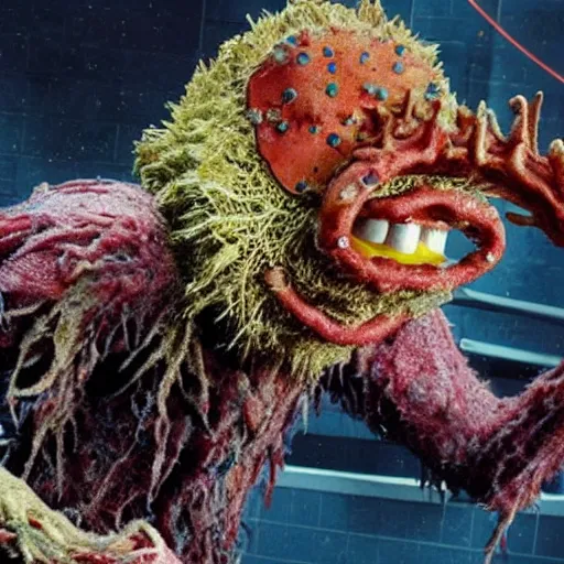 Image similar to a disgusting vile realistic spongebob monster eating a man from The Thing, by Cronenberg and greg nicotero H- 850