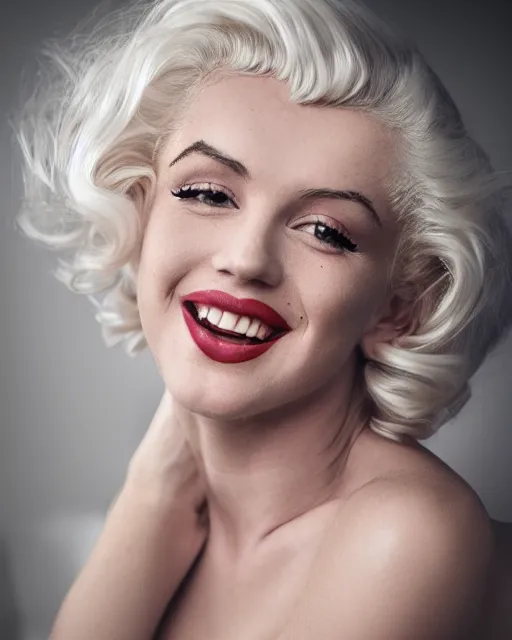 Image similar to Beautiful Head and shoulders portrait of smiling flirty seductive Marilyn monroe with platinum blonde hair, wearing a camisole by arney freytag, artstation, 35mm, fashion photoshoot, laying on a bed in a photo studio, golden hour, bokeh, rim lighting, fashion pose, octane, 4k