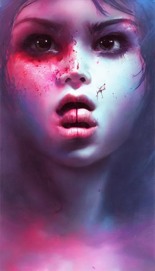 Image similar to shot of singer girl with pouty aerochrome ( ( ( lips ) ) ), powerful, adorable, expressive eyes, big evil grin, kawaii playful pose of a dancer, greg rutkowski, charlie bowater, yuumei, stephen gammell, unreal 5, daz, hyperrealistic, dark, dynamic lighting, fantasy art, beautiful face