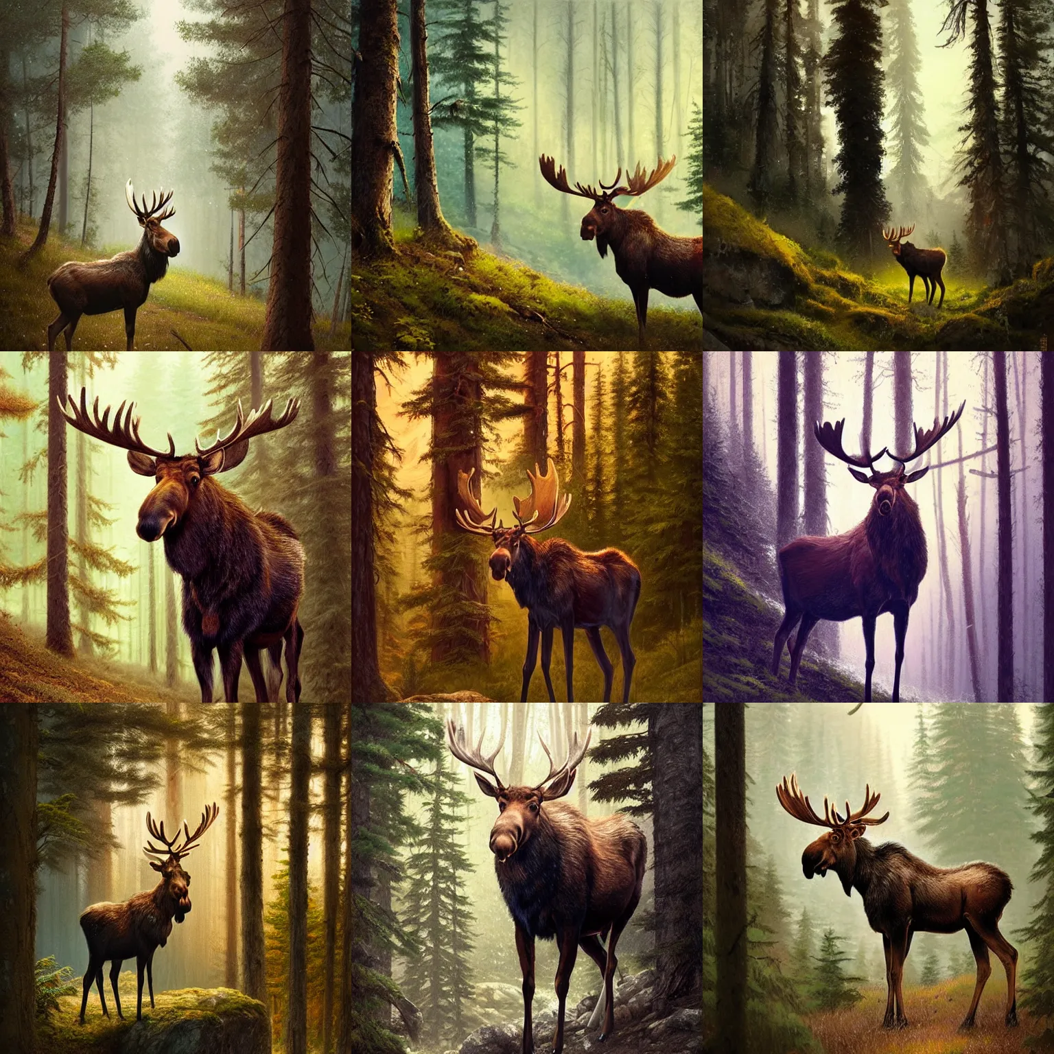 Prompt: portrait of a confused moose, mountain forest background, bokeh, art by greg rutkowski