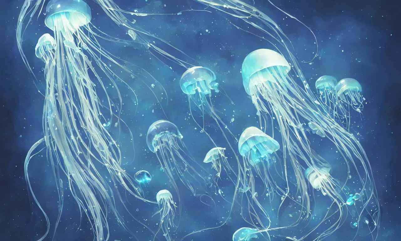 Image similar to detailed jellyfish in space, blue tones, underwater, full frame, highly detailed, digital painting, artstation, concept art, smooth, sharp focus, illustration, art greg rutkowski and alphonse mucha