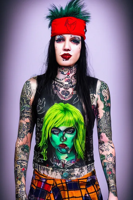 Image similar to upper body portrait hannah as a punk woman with green mohawk, covered in neotraditional style tattoos, wearing a bold tee shirt, flannel jacket, fishnets and a long tartan skirt, intimidating, max details, hyperrealistic, photorealistic, ultra - realistic, ultra - detailed, cinematic, 8 k resolution by alan lee