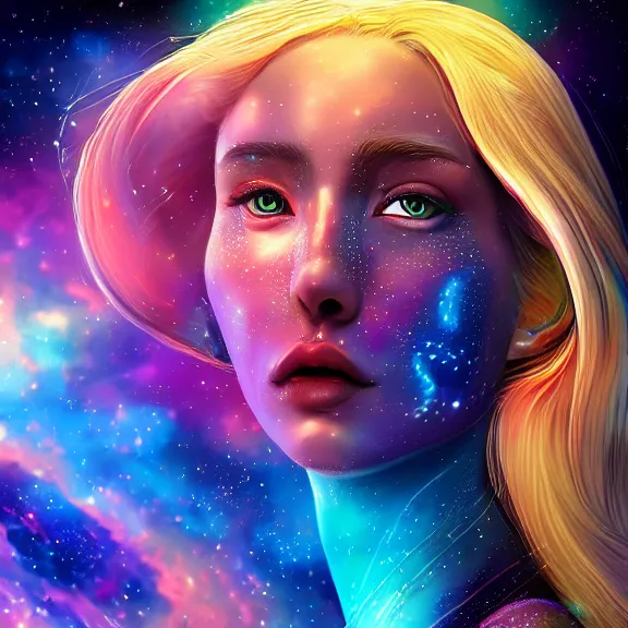 Prompt: highly detailed close up portrait of a celestial girl with a body made of cosmic energy, space background, character art, studio lightning, bright colors, intricate, masterpiece, photorealistic, hiperrealistic, sharp focus, high contrast, Artstation HQ, DeviantArt trending, 4k UHD, Unreal Engine 5