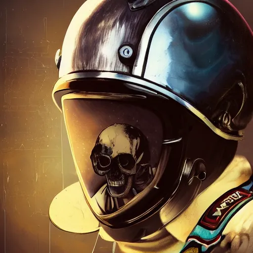 Image similar to a portrait of an anthropomorphic vintage skull in a racing helmet by sandra chevrier, detailed render, epic composition, cybernetics, 4 k realistic, cryengine, realistic shaded lighting, sharp focus, masterpiece, by matteo scalera, gary montalbano, peter elson in the style of the tokyo ghost comic