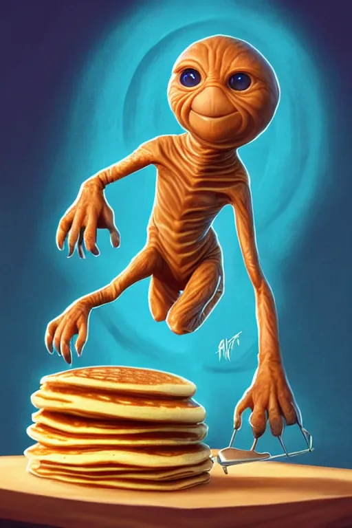 Image similar to et from spielberg making pancakes, animation pixar style, by pendleton ward, magali villeneuve, artgerm, rob rey and kentaro miura style, golden ratio, trending on art station