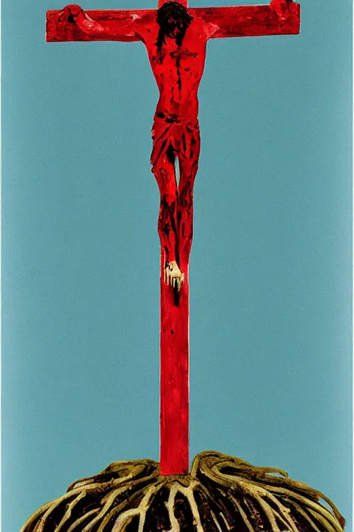 Image similar to bloody christ crucified on a very big mushroom painted in by cy twombly and andy warhol