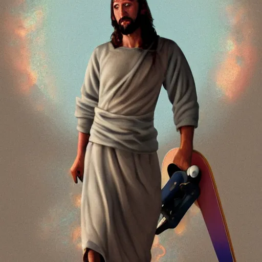 Image similar to jesus as a skater, cgsociety, 8 k, hyperdetalied,