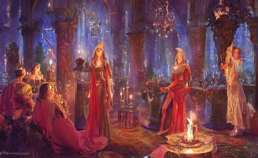 Prompt: The night of the magical ritual of the 5 elven sorcerers. By Konstantin Razumov, highly detailded