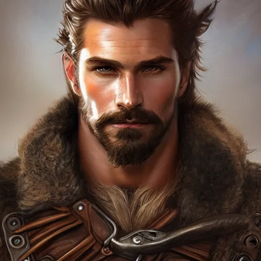 Prompt: portrait of a young, ruggedly handsome ranger, muscular, half body, leather, hairy, d & d, fantasy, intricate, elegant, highly detailed, digital painting, artstation, concept art, smooth, sharp focus, illustration, art by artgerm and greg rutkowski and alphonse mucha