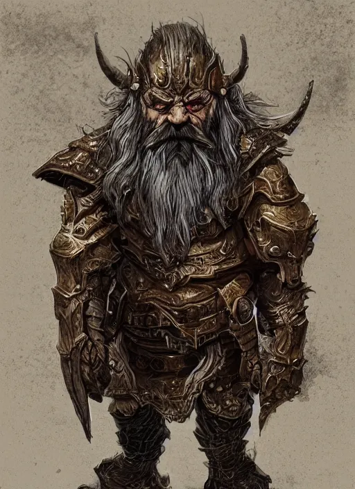 Image similar to a concept art of a angry dwarf from Disciples 2, heavy armor, intricate, detailed, award winning, fantasy, concept art for Disciples 2, insane amount of intricate details, insane original design looks like animal,