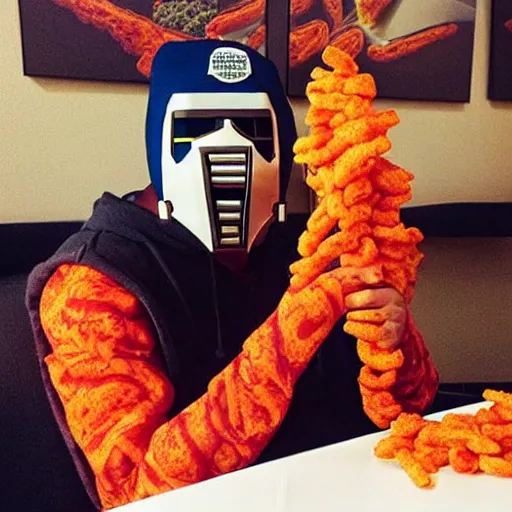 Prompt: “MF DOOM eating Cheetos, Fritos, and Doritos”