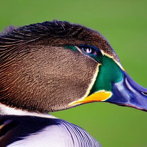 Image similar to a close up photograph of a mallard duck with tiger fur.