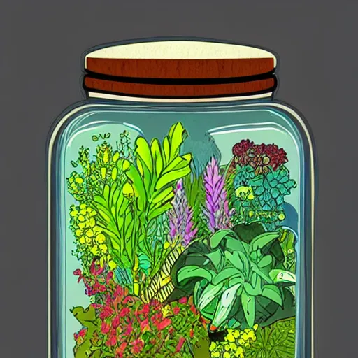 Image similar to a jar with a variety of beautiful plants inside, digital art, awards winning