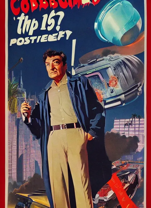 Image similar to columbo in 1 9 5 0 s pulp sci - fi movie poster, retrofuturism, highly detailed, mgm studios, david klein, reynold brown