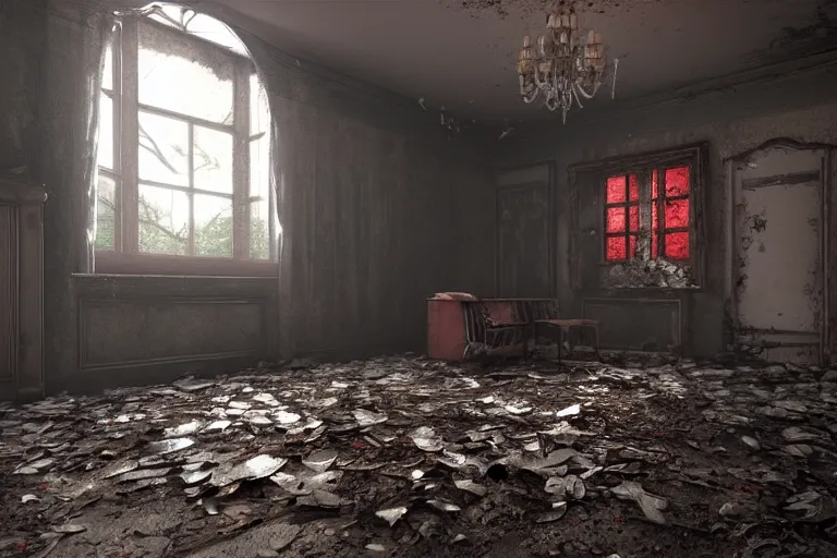 Image similar to ruined, abandoned polish mansion bedroom, seen from inside. Diffused, red light falls through the broken windows. Dirt, leaves on ground. Unreal Engine. Substance painter. Zbrush. Trending on artstation. 8K. Highly detailed.