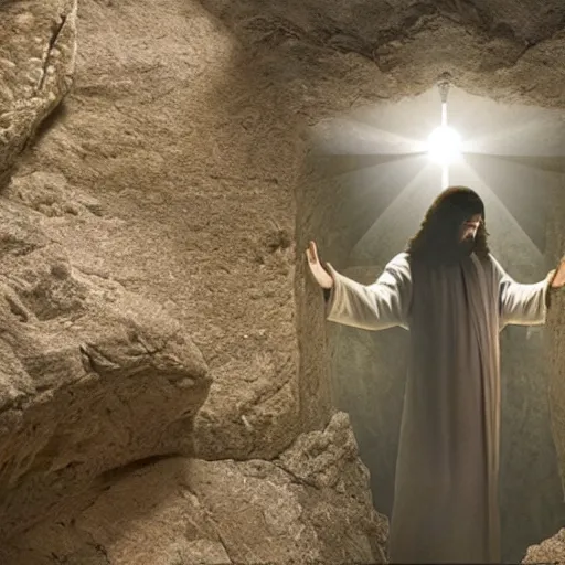 Prompt: cinematic still of the stone rolled away from Jesus's tomb, heavenly light coming from the opening, just before dawn, dynamic angles, miracle, magical, wondrous, Biblical epic movie directed by Peter Jackson