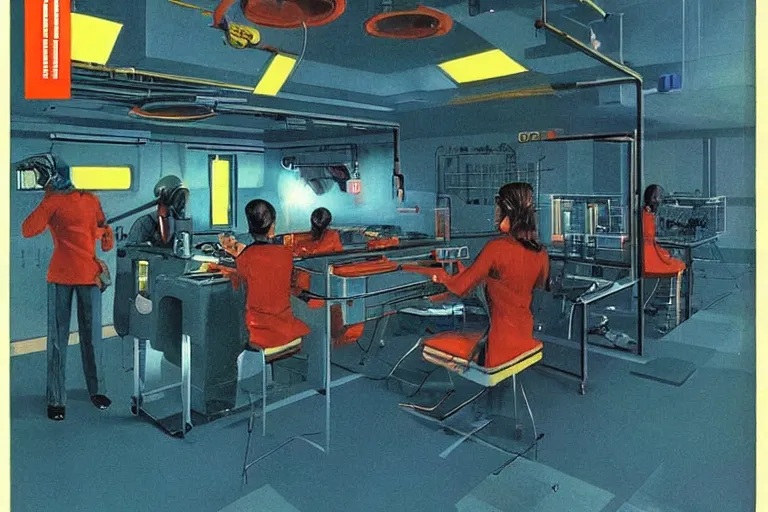 Prompt: 1979 OMNI Magazine Cover of a denture laboratory. in cyberpunk style by Vincent Di Fate