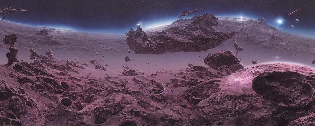 Prompt: space panorama by wayne barlowe