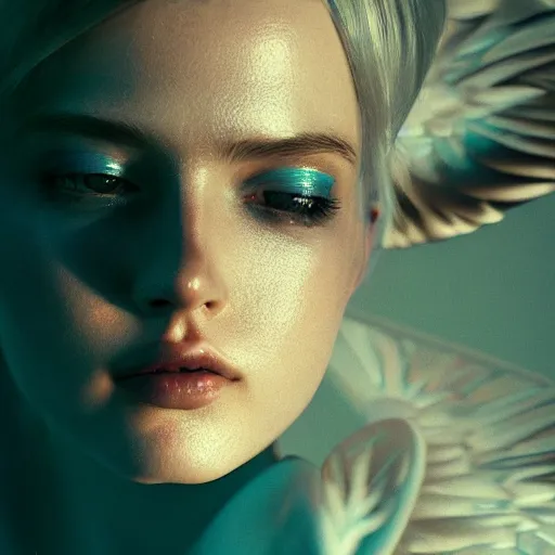 Image similar to portrait art of female angel by alessio albi 8 k ultra realistic, angel wings, lens flare, atmosphere, glow, detailed, intricate, full of colour, cinematic lighting, trending on artstation, 4 k, hyperrealistic, focused, extreme details, unreal engine 5, cinematic, masterpiece