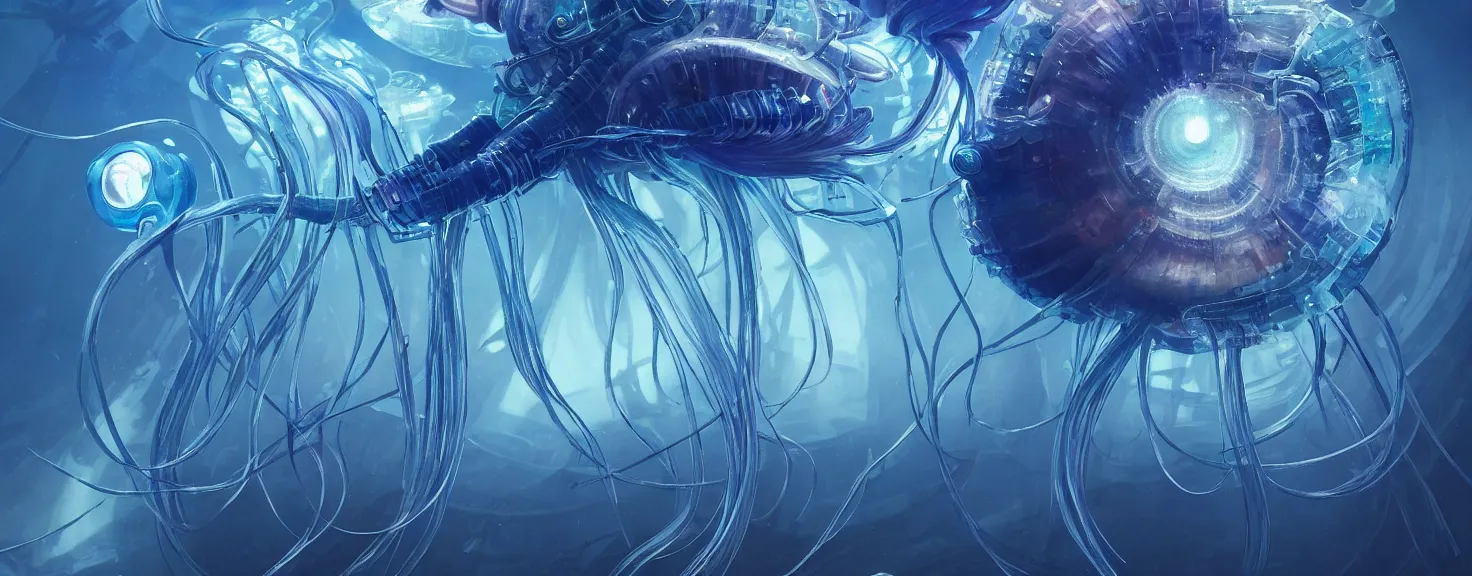 Image similar to Panorama hyper detailed painting of a cyberpunk jellyfish, blue tones, underwater, 8 mm, highly detailed, digital painting, artstation, concept art, smooth, sharp focus, illustration, art by artgerm and greg rutkowski and alphonse mucha