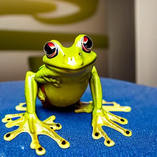 Image similar to a small frog standing on two feet at the hotel reception entry, in the style of dr. seuss