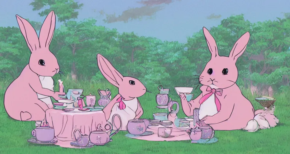 Image similar to 3 pink and teal colored bunnies having a tea party, by studio ghibli, makoto shinkai, beautiful nature illustration