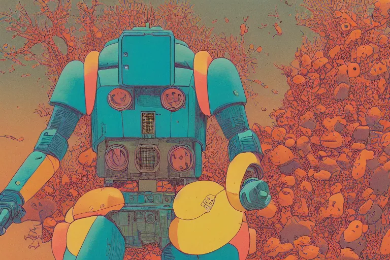 Image similar to risograph grainy drawing vintage sci - fi, satoshi kon color palette, gigantic gundam full - body covered in dead coral reef, 1 9 8 0, kodachrome, natural colors, comicbook spreadsheet, codex seraphinianus painting by moebius and satoshi kon and dirk dzimirsky close - up portrait