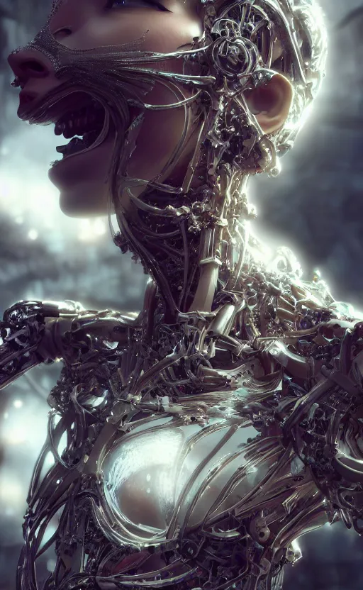 Prompt: beautiful impish biomechanical incredible technological hair, masterpiece crystalline incrustations, hyperdetailed face, elegant pose, movie still, intricate, octane render, cinematic lighting, cgsociety, unreal engine,