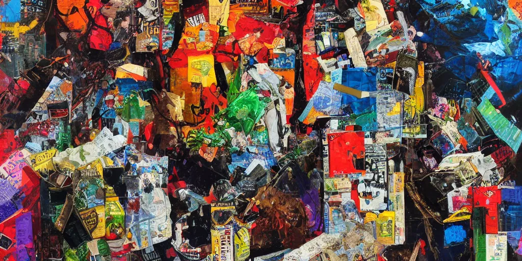 Prompt: mad trash bags, collage, acrylic on canvas, expressionism movement, ultra detailed, breathtaking detailed, by matt sesow