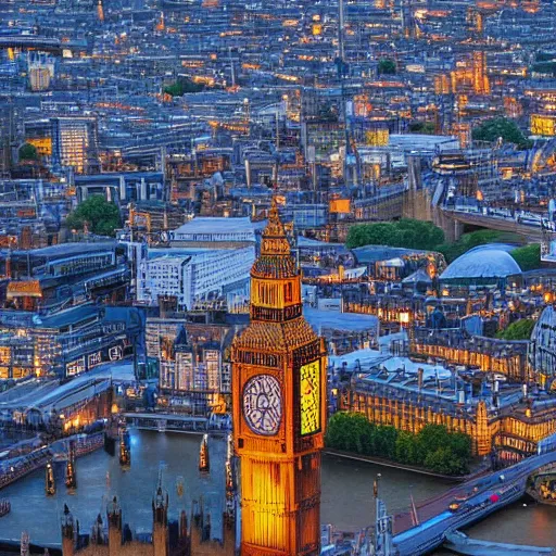 Image similar to london city, landscape, cityscape, high art, detailed, artstation award, intricate detail, panoramic, wide angle, sunset, color palette, big ben clock tower, british parliament building, from above