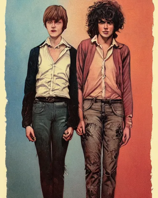 Prompt: two beautiful but creepy young nonbinary people wearing oxford button down shirts in layers of fear, with haunted eyes and wild hair, 1 9 7 0 s, seventies, wallpaper, a little blood, moonlight showing injuries, delicate embellishments, painterly, offset printing technique, by john howe, brom, robert henri, walter popp