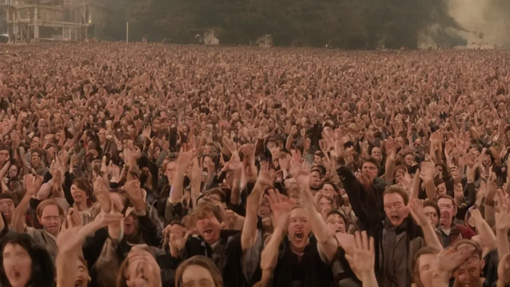 Prompt: movie still of a crowd waving saying good morning, cinematic composition, cinematic light, by edgar wright and david lynch